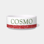 Red Glitter and Green Modern Christmas Name Pet Bowl<br><div class="desc">A sparkly red printed glitter stripe with green custom cat or dog name. Enter any personalized text you like for a festive Christmas inspired food or water bowl. See our collection of coordinating bowls and get a set!</div>