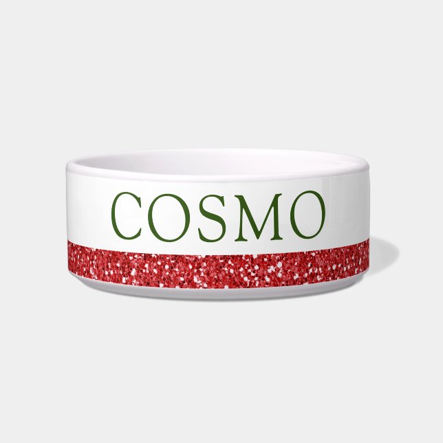 Red Glitter and Green Modern Christmas Name Pet Bowl (Front)