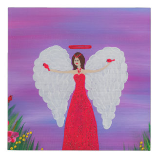 Red Glitter Angel in Spring Meadow  Faux Canvas Print