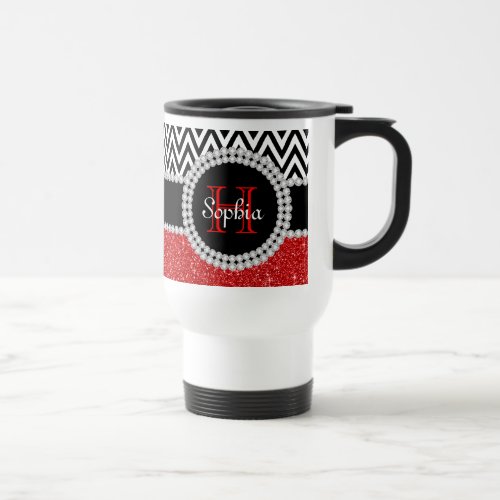 Red Glitter BW Chevrons Monogrammed Commuter Mug