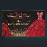 Red Glitter Ball Gown with Gold 21st Birthday Banner<br><div class="desc">Celebrate in style with this 21st birthday banner featuring a glittering red ball gown,  gold sparkle accents,  and a dramatic black background. The elegant typography and luxe textures create a festive,  high-impact mood—perfect for milestone birthday collections,  glam party signage,  and personalized celebration bundles.</div>