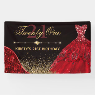 Red Glitter Ball Gown with Gold 21st Birthday Banner