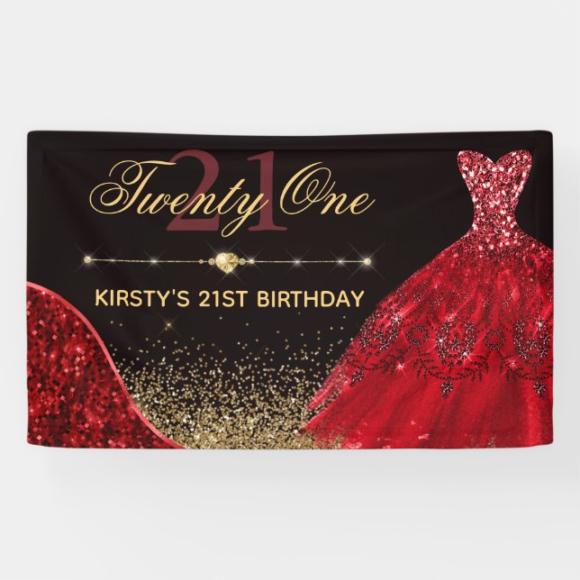 Red Glitter Ball Gown with Gold 21st Birthday Banner (Horizontal)