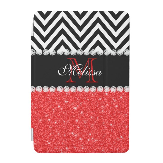 RED GLITTER BLACK CHEVRON MONOGRAMMED iPad MINI COVER (Front)