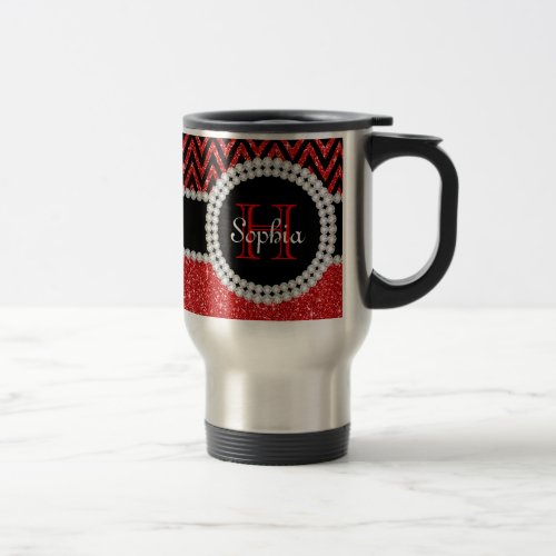 Red Glitter Black Chevron Monogrammed Travel Mug