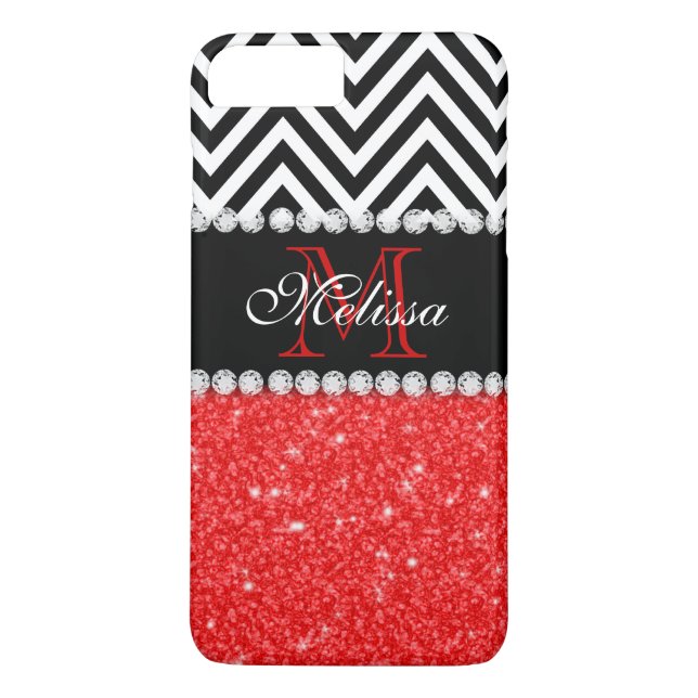 RED GLITTER BLACK CHEVRON STRIPES MONOGRAM Case-Mate iPhone CASE (Back)