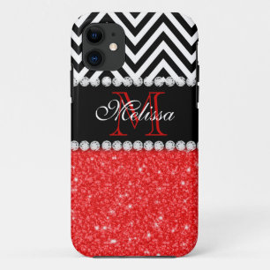 RED GLITTER BLACK CHEVRON STRIPES MONOGRAM iPhone 11 CASE