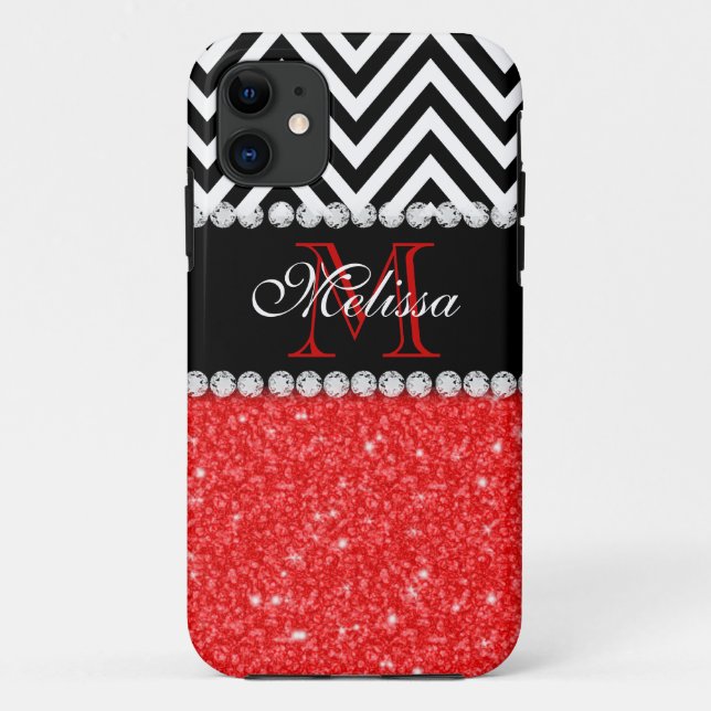 RED GLITTER BLACK CHEVRON STRIPES MONOGRAM Case-Mate iPhone CASE (Back)