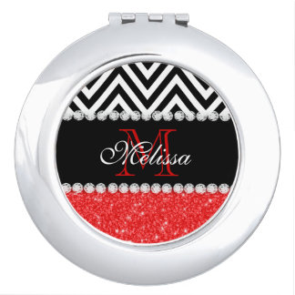 RED GLITTER BLACK CHEVRON STRIPES MONOGRAM COMPACT MIRROR