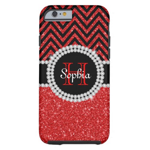 Red Glitter Black Chevron Tough iPhone 6 Case