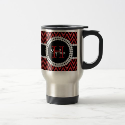 Red Glitter Black Chevrons Monogrammed Travel Mug