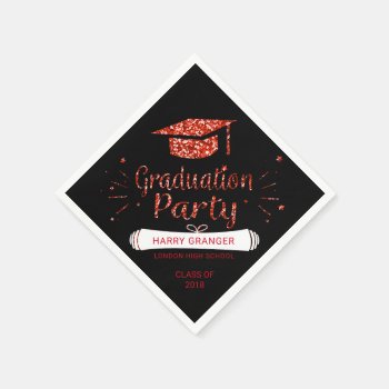 Red Glitter Black Graduation Cap Party Paper Napkins by angela65 at Zazzle