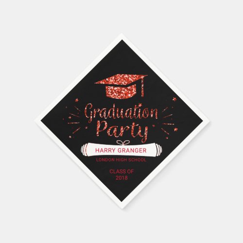 Red Glitter Black Graduation Cap Party Paper Napkins