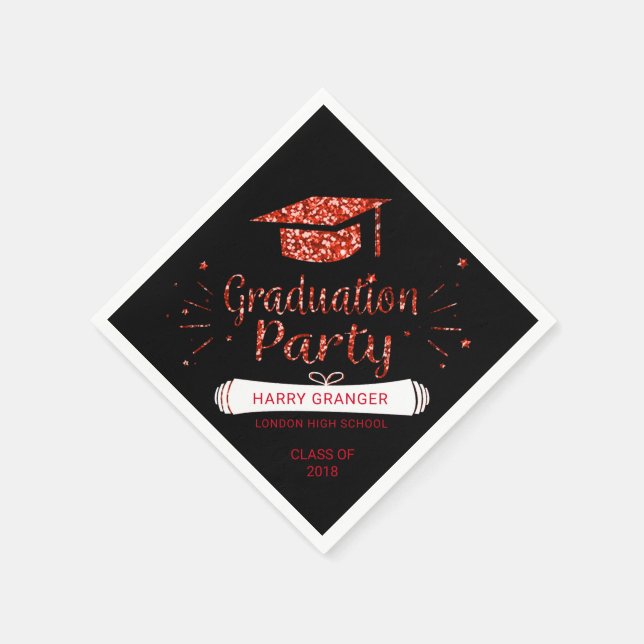 Red Glitter Black Graduation Cap Party Paper Napkins (Corner)