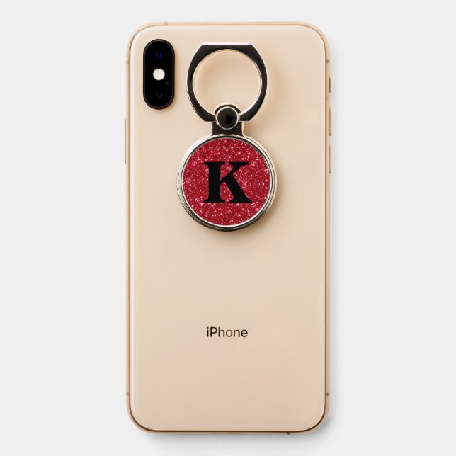 Red Glitter Bling Monogram Initial Phone Ring Stand (On Phone)
