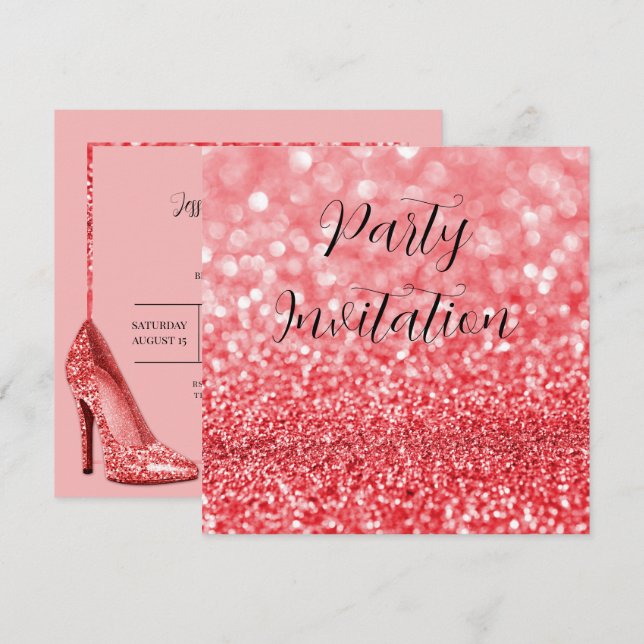 Red Glitter Bokeh & Stilettos Birthday Invitation (Front/Back)