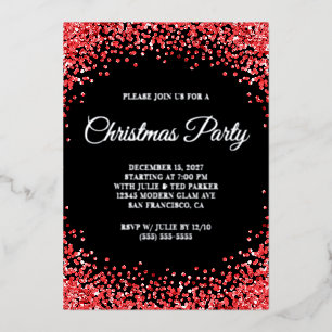 Red Glitter Border Black Christmas Party Foil Invitation