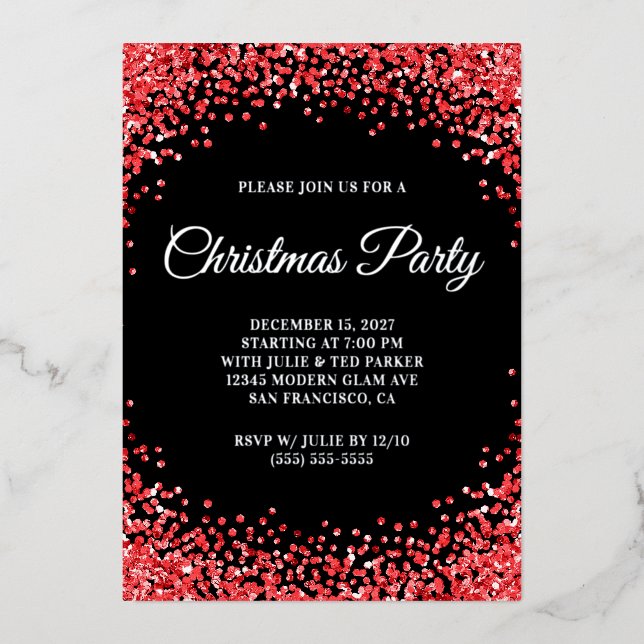Red Glitter Border Black Christmas Party Foil Invitation (Front)