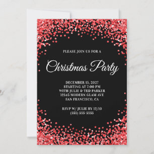 Red Glitter Border Black Christmas Party Invitation