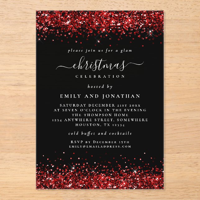 Red Glitter Border Christmas Black Acrylic Acrylic Invitations (Front)