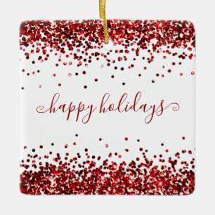 Red Glitter Borders Happy Holidays Ceramic Ornamen Ornament
