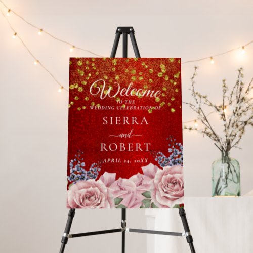 Red Glitter Botanical Wedding Welcome Sign