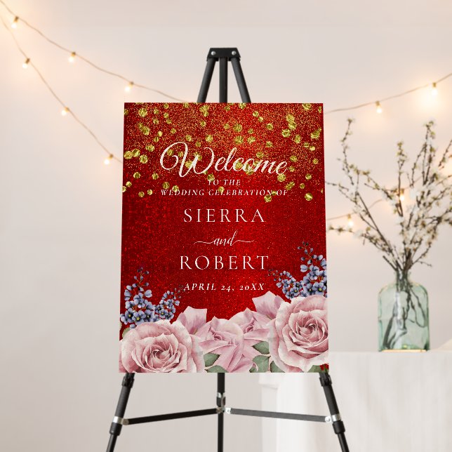 Red Glitter Botanical Wedding Welcome Sign (In Situ (Stand))