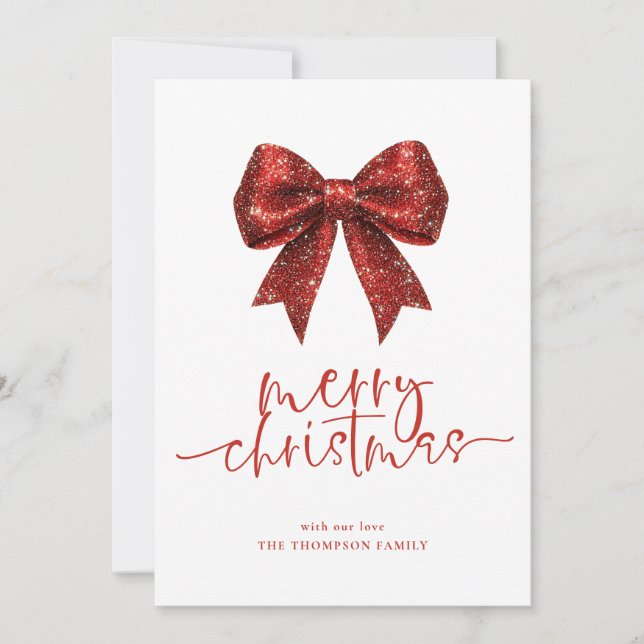 Red Glitter Bow 2026 Calendar Merry Christmas Holiday Card (Front)