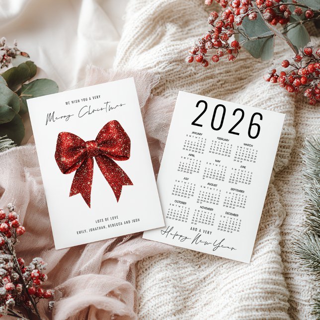 Red Glitter Bow 2026 Calendar Merry Christmas Holiday Card (Front and back view)
