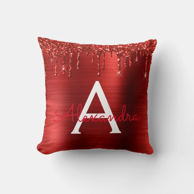 Red Glitter Brushed Metal Monogram Name Throw Pillow (Front)