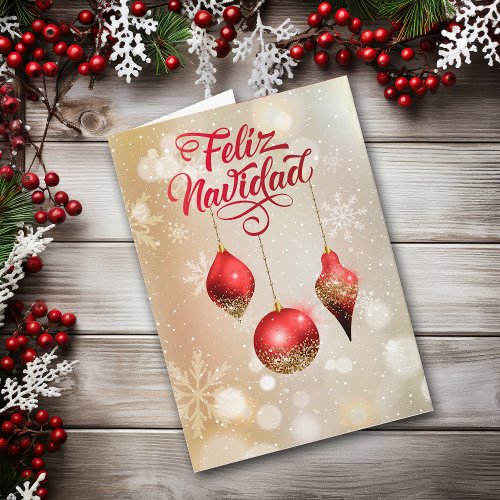 Red Glitter Bulbs Feliz Navidad Peace on Earth Holiday Card