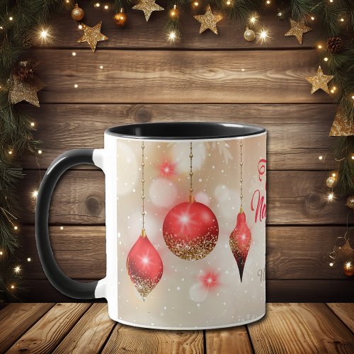 Red Glitter Bulbs Feliz Navidad Snowflake Mug