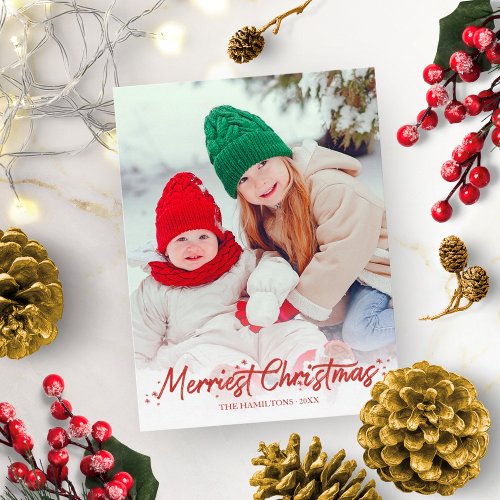 Red Glitter Calligraphy Photo Merriest Christmas Postcard