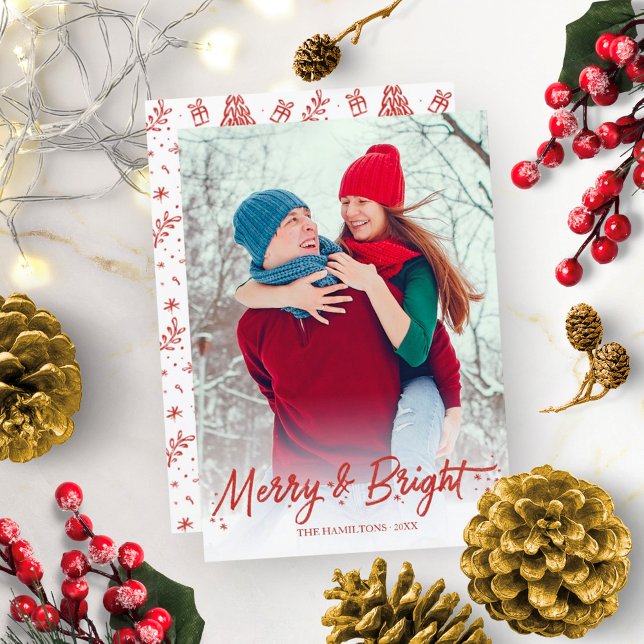 Red Glitter Calligraphy Photo Merry And Bright Invitation (Creator Uploaded)