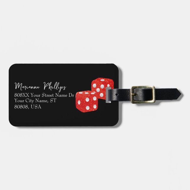 Red Glitter Casino Dice on Black Luggage Tag (Front Horizontal)