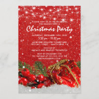 Red Glitter Christmas Holiday Dinner Party Invitation