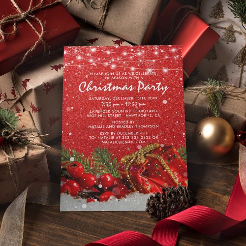 Red Glitter Christmas Holiday Dinner Party Invitation