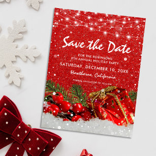 Red Glitter Christmas Holiday Party Save the Date Announcement Postcard