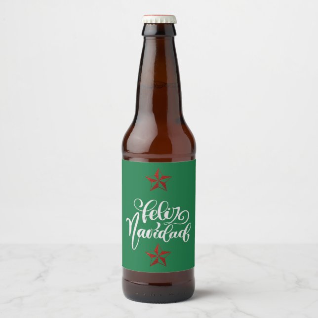 Red Glitter Christmas Star Beer Bottle Label (Front)