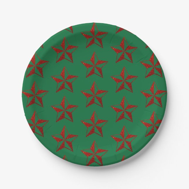Red Glitter Christmas Star Paper Plates (Front)