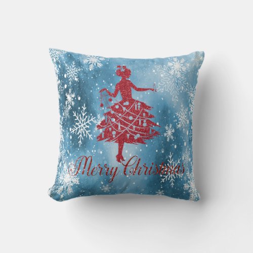 Red Glitter Christmas Tree GirlSnowflakes Blue Throw Pillow