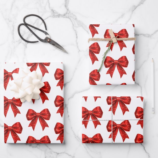Red Glitter Coquette Bow Christmas  Wrapping Paper Sheets (Front)