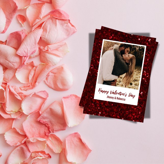 Red Glitter Couple Photo Happy Valentine's Day  Holiday Card (Creator Uploaded)