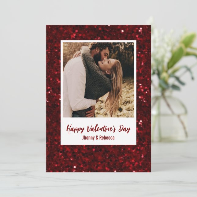Red Glitter Couple Photo Happy Valentine's Day  Holiday Card (Standing Front)