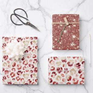 Red Glitter Cream Leopard Animal Print Birthday Wrapping Paper Sheets