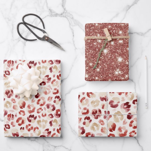 Red Glitter Cream Leopard Animal Print Birthday Wrapping Paper Sheets (Front)
