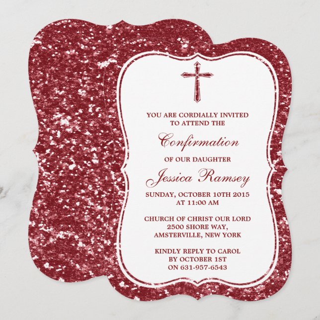 Red Glitter Cross Holy Communion Or Confirmation Invitation (Front/Back)