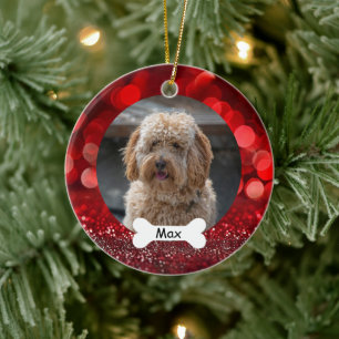 Red Glitter Custom Pet Puppy Dog Photo Ceramic Ornament