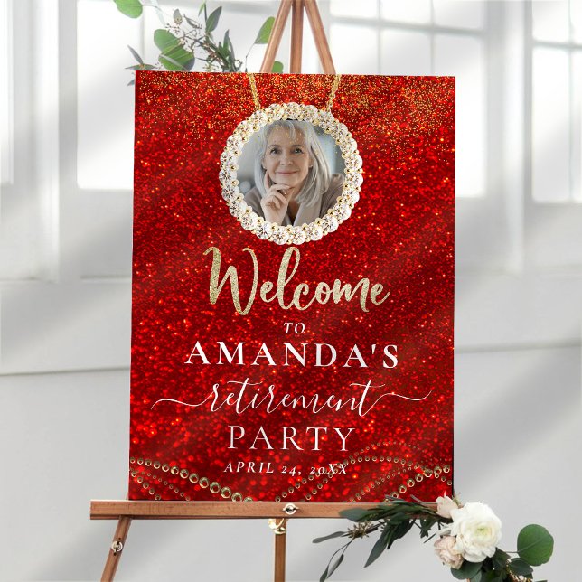 Red Glitter Custom Photo Retirement Welcome Sign (Creator Uploaded)