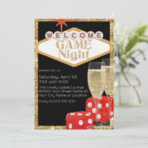 Red Glitter Dice  Champagne Black Game Night Invitation